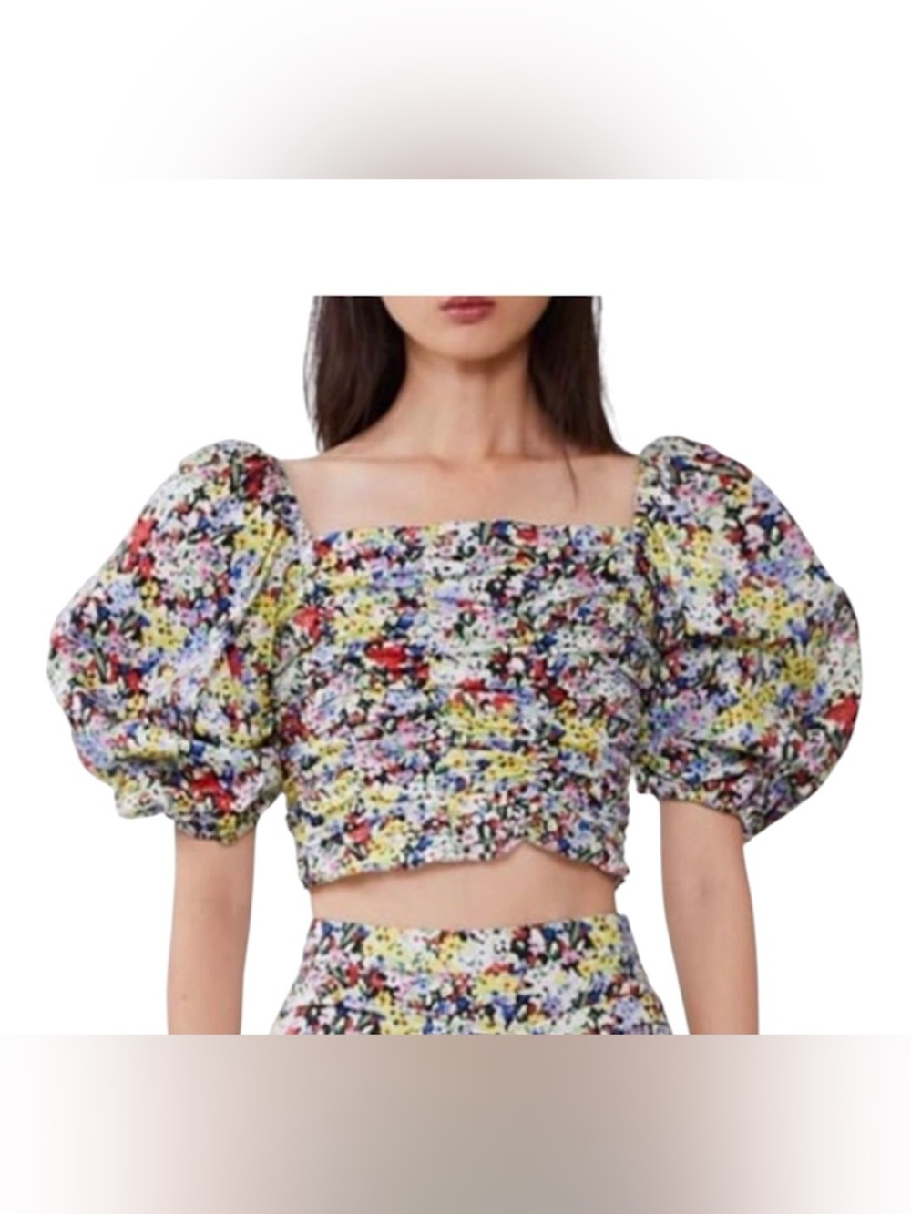 ZARA Floral Puff-Sleeve Cropped Top
